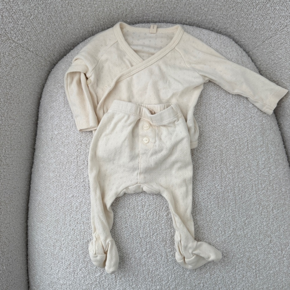 Quincy Mae Baby Cream Footed One-Piece Set - Soft Knit Wrap Top and Footed Pants